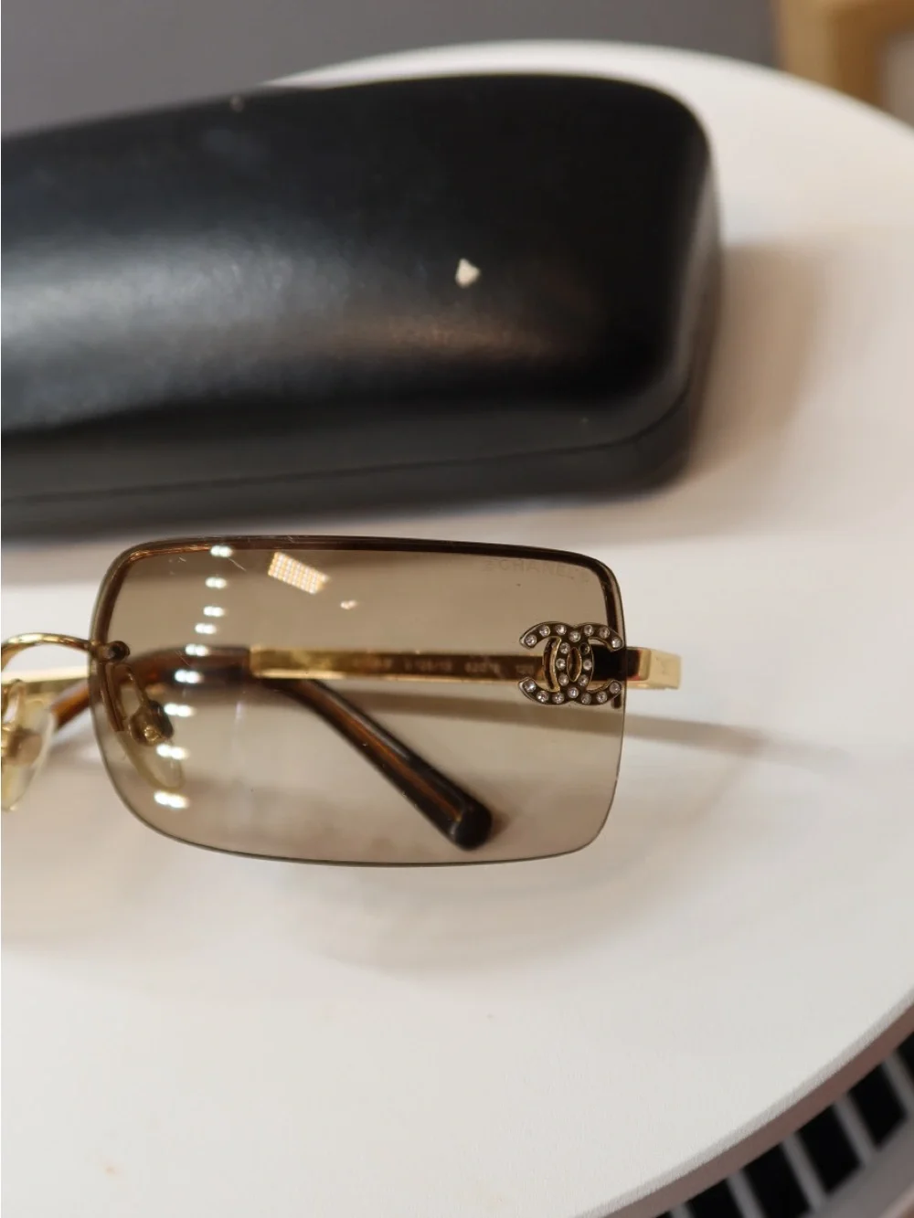 CHANEL Brown Rimless Sunglasses with Gold CC Accents